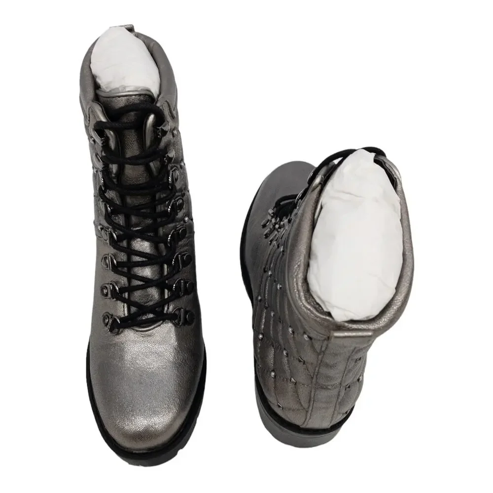 Marc Fisher Silver Metallic Lug Sole Quilted Studded Lace Up Combat Boots Size 5